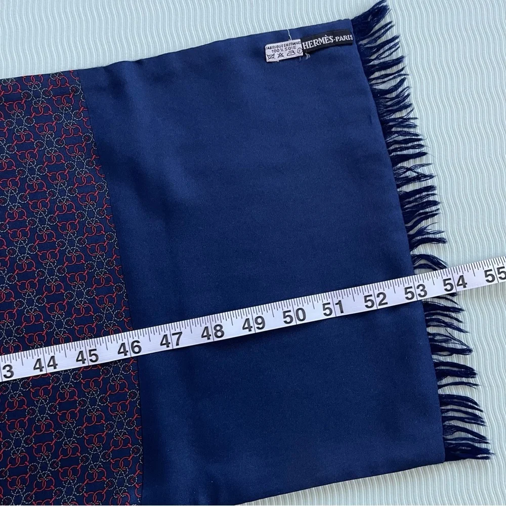 Hermes Paris Silk/Wool/Cashmere Navy Blue Jacquard Scarf